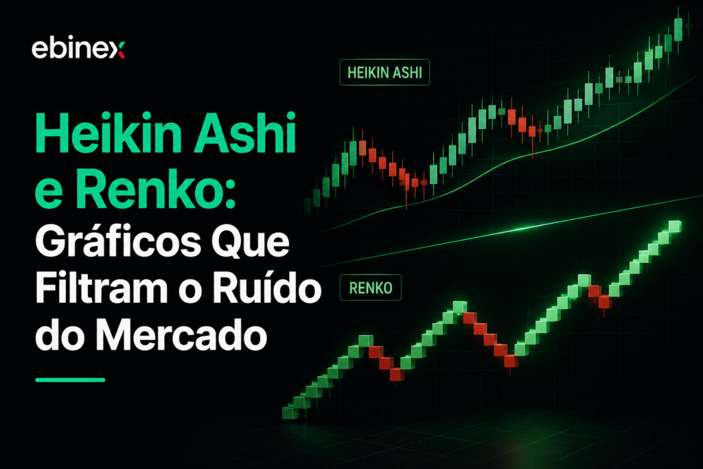 Conheça os gráficos Heikin Ashi e Renko, como eles filtram ruído do mercado e quando vale a pena usá-los.