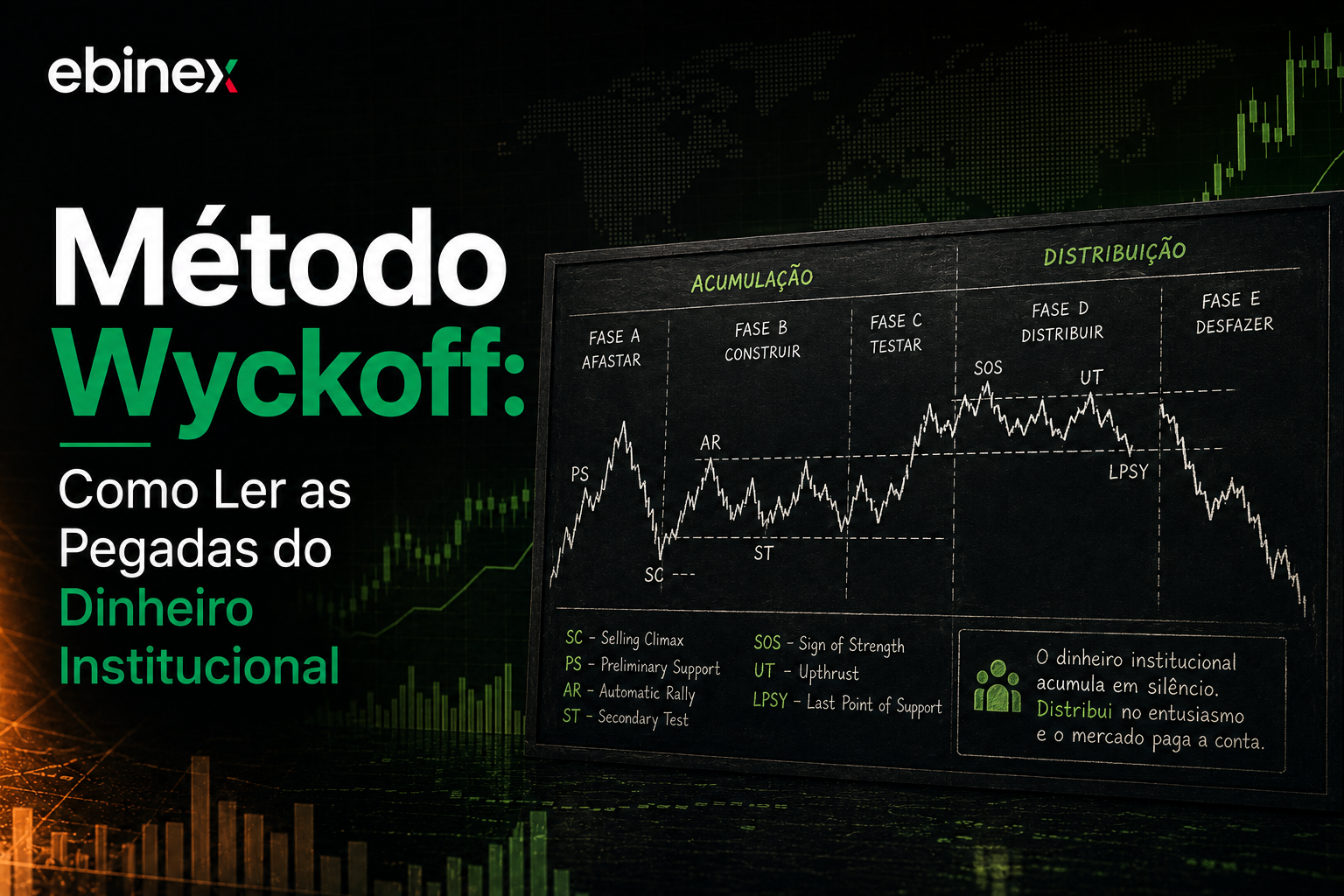Entenda o Método Wyckoff, suas fases de acumulação e distribuição, e como identificar o dinheiro institucional no gráfico.