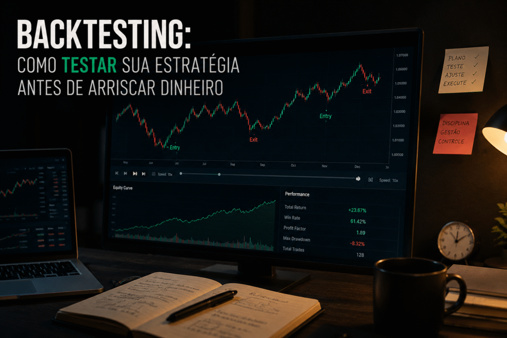 Antes de arriscar capital real, o backtesting mostra se sua estratégia tem base estatística ou apenas parecia boa no gráfico.